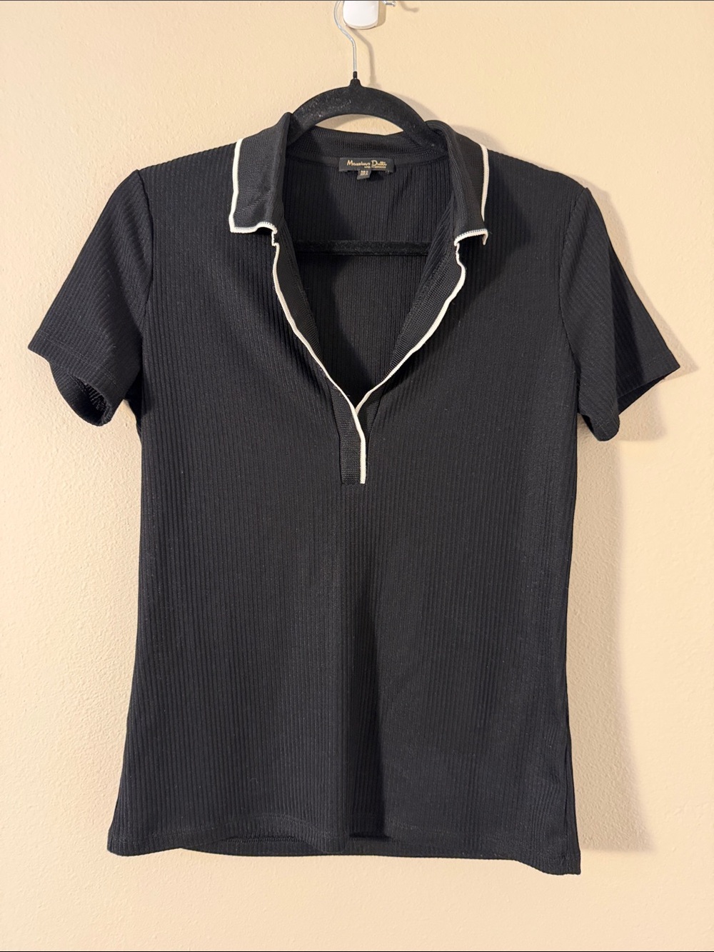 Massimo Dutti Black Short Sleeve Polo Shirt With Contrast Detail Size S